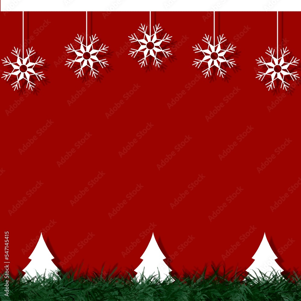 Christmas frame red background with christmas tree and snowflake