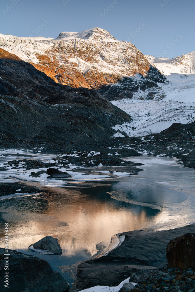 Scenic view of the Forni Glacier at sunset during autumn, Northern Italy