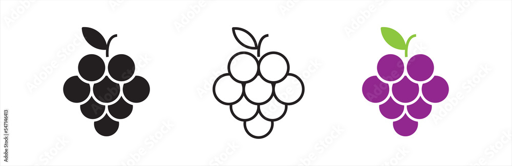 Grape icon set. Grape Icon Food Fruits. Different wine grapes. Bunch of grapes in simple flat style. Grape symbol and sign. Vector illustration. Grape icon set. Grape Icon Food Fruits. Different wine grapes. Bunch of grapes in simple flat style. Grape symbol and sign. Vector illustration.