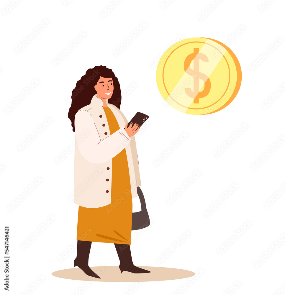 Happy Smiling Woman Female Character Look on Smartphone Screen , Dollar Sign Golden Coin.Online Money Transaction Transfer,Pension Deductions,Mobile Savings Account,Deposit.People Vector Illustration