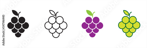 Grape icon set. Grape Icon Food Fruits. Different wine grapes. Bunch of grapes in simple flat style. Grape symbol and sign. Vector illustration.