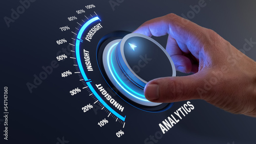 Predictive analytics implementation with hand turning knob from insight to foresight. Systemic data analysis and statistics for decision making, business operations, marketing strategy, performance.