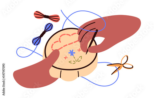 Embroidery, making stitch on canvas with hoop. Holding needles and thread work, hobby. Needlework, needlecraft design. DIY handmade process. Flat vector illustration isolated on white background