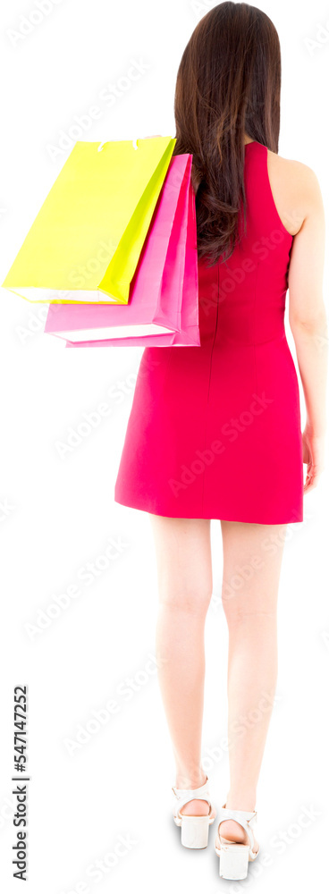 Portrait young woman carrying shopping bag transparent file.