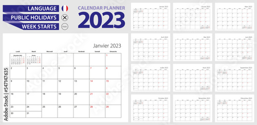 French calendar planner for 2023. French language, week starts from Monday.