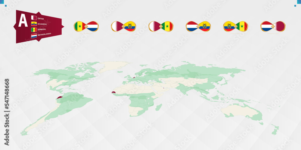 Obraz premium Participants in Group A of the football tournament, highlighted in burgundy on the world map. All group games.