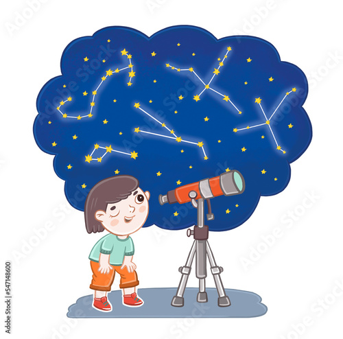 Children's illustration: a boy observing constellations in the night sky through a telescope.
