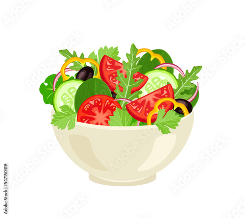 Fresh vegetable salad in bowl isolated on white. Vector cartoon flat illustration of healthy food.