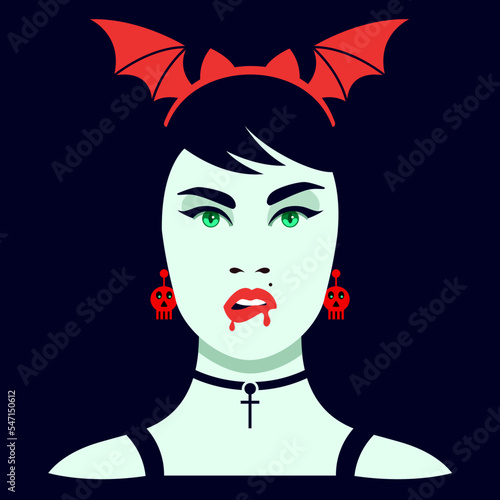 Beautiful young green monster girl, Pop art, retro style, Halloween costume concept, vector with parted lips, Sexy woman lip. Dripping with blood lips on a dark background, Halloween night avatar.