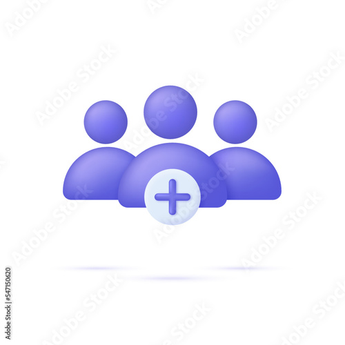 3D Add user icon. Create group symbol. New profile account. People icon and plus. Avatar, human, person, people icon.