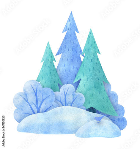 Watercolor winter landscape for background. Illustrations of seasonal nature. Blue snow-covered island with trees, shrubs, snow drifts. Isolated hand-painted image of a piece of forest land