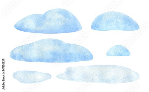 Winter surface. Watercolor illustration of snowdrifts to create decorative compositions. A set of land plots for a complete background design. Isolated clipart of a snow-covered blue island