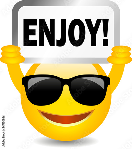 Fotografia Smiling emoji with Enjoy sign, vector cartoon