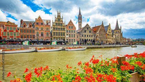 Fotografie Gent old town skyline and Graslei district panorama, Belgium