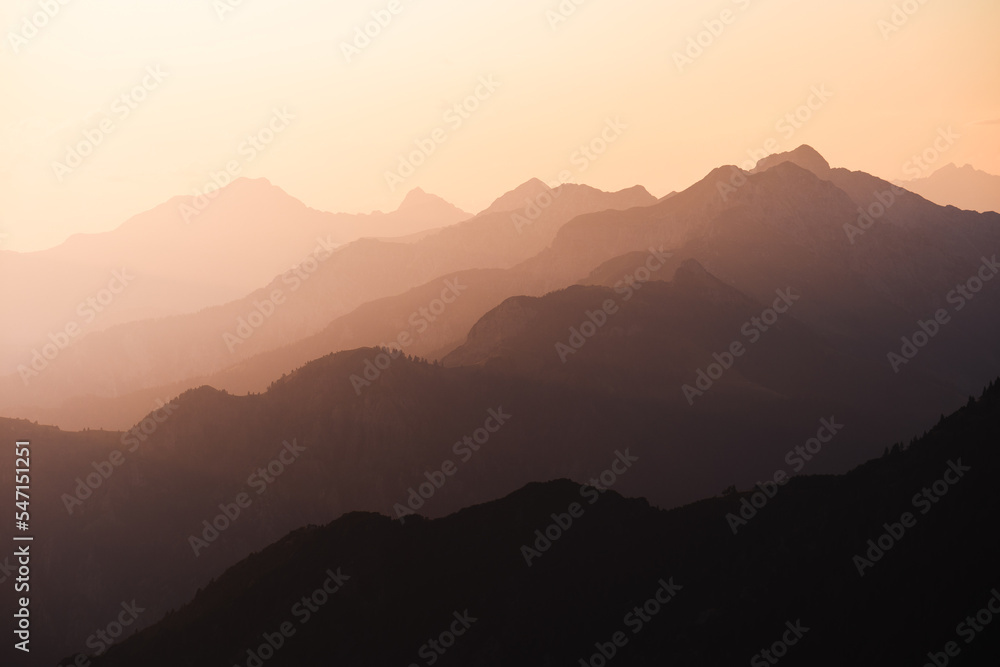 Layers of mountains in the Orobie Alps during sunset, Northern Italy