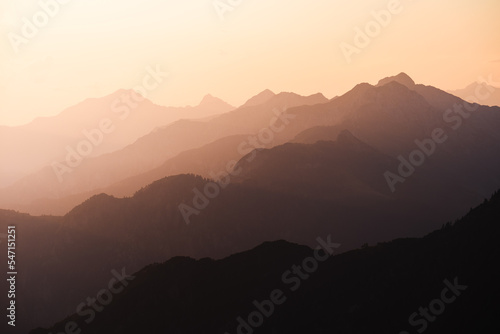 Layers of mountains in the Orobie Alps during sunset  Northern Italy