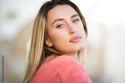 Close up portrait beautiful young caucasian woman with blond hair