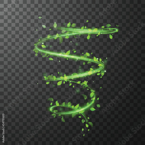 Green spiral spring wind effect with magic dust particles flying around and leaves particles on black background. Vector eps10