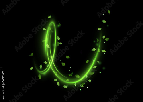 Green spiral spring wind effect with magic dust particles flying around and leaves particles on black background. Vector eps10