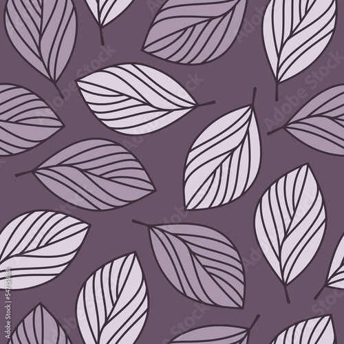 Violet leaf pattern vector illustration background. Seamless contour leaves backdrop. Minimal floral wallpaper. Botanical abstract geometric texture. Template for print  design  banner or card.