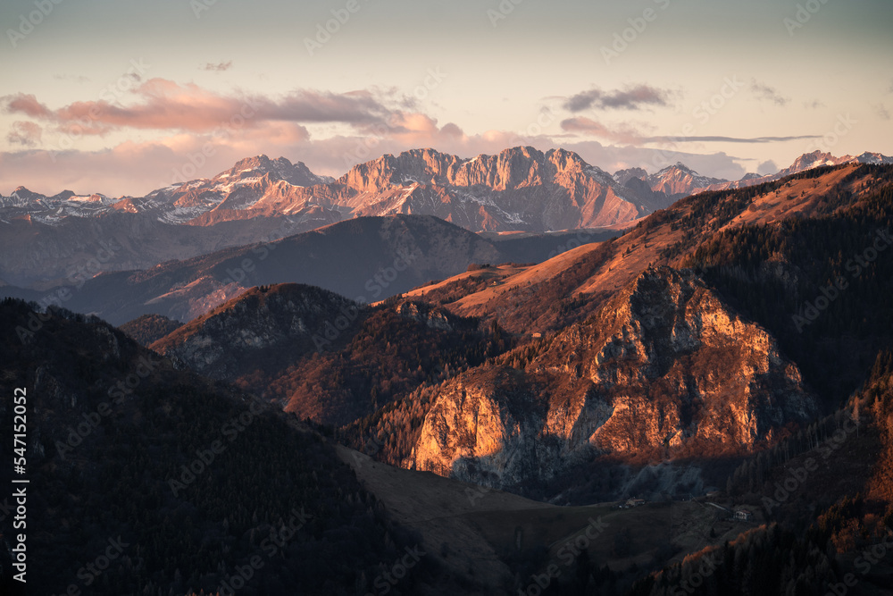 Scenic view of the alps and mountains that surround Punta Almana, near Lake Iseo, Northern Italy