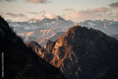 Scenic view of the alps and mountains that surround Punta Almana, near Lake Iseo, Northern Italy