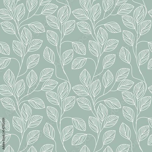 Green outline leaf seamless pattern vector. Abstract linear branches floral backdrop illustration. Wallpaper, background, fabric, textile, print, wrapping paper or package design.