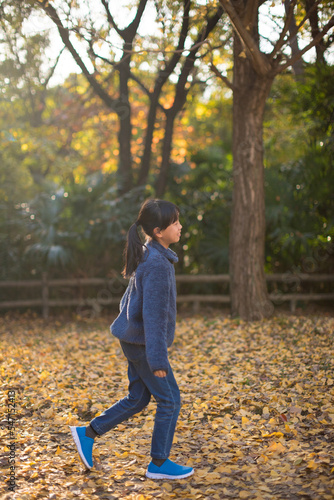 秋の公園で遊んでいる小学生の子供の姿