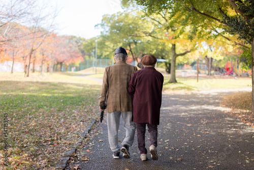 秋の公園で散歩しいているシニア夫婦の後ろ姿 photo