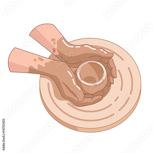 Potter hands makes ceramic clay vase. Realistic vector illustration. Working with clay on pottery wheel. Design for ceramic school and studio. Manufacturing of ceramics. Working with fireclay