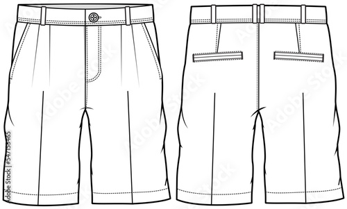 chino shorts flat sketch vector illustration men's short chino pant front and back view technical cad drawing template