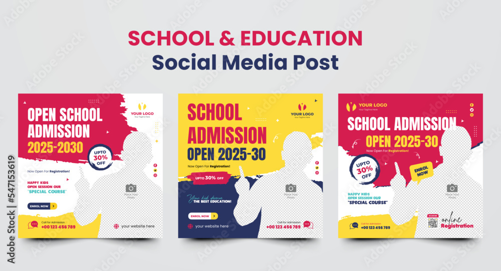 Back to school admission social media post or school admission social media post design template and color combination square web banner set template