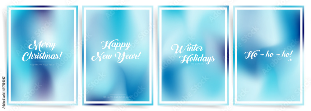 Fototapeta premium Colorful gradient minimal template for posters, placards. Cover template design set with blue snowy mesh gradients. Wavy abstract gradient poster frame. Vector set.