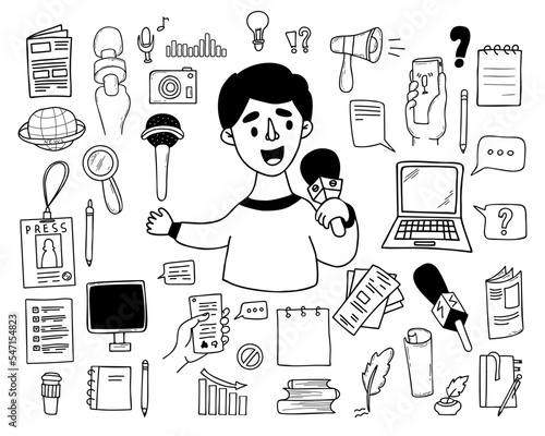 collection journalism vector doodles. Male journalist reporter presenter with microphone, hands with voice recorder, broadcast recording, laptop, newspaper and messages. Isolated linear hand drawns
