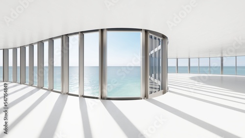 Architecture background empty interior with curved wall of panoramic windows 3d render