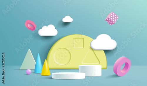 Stand and display colorful pastels with clouds. 3D rendering. A scene for advertising, Mockup for kid’s product display or showcase.