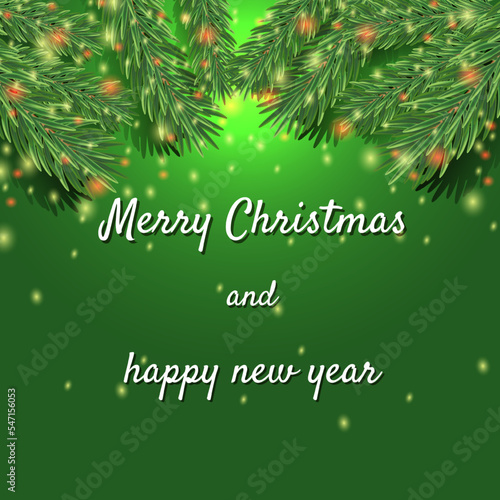 Christmas design with a fir branch.  Template for text, design element, copy space, postcard, social networks, cover, banner. New Year and Christmas.