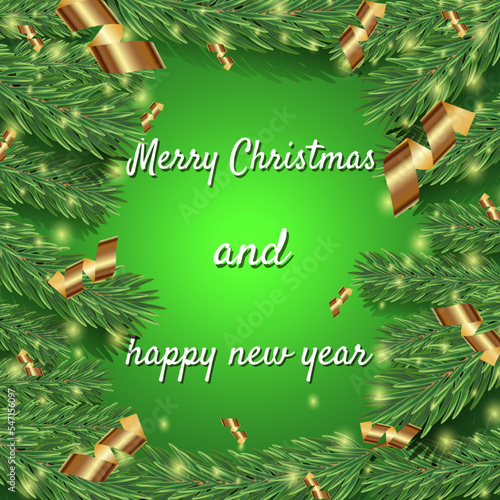 Christmas design with a fir branch.  Template for text, design element, copy space, postcard, social networks, cover, banner. New Year and Christmas.