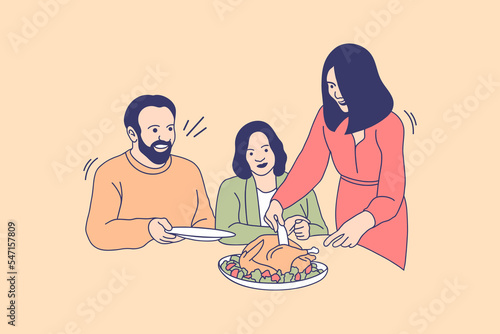 Illustrations of Happy family Eat Turkey for Thanksgiving Day design concept