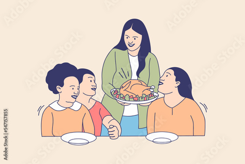 Illustrations of Happy family Eat Turkey for Thanksgiving Day design concept