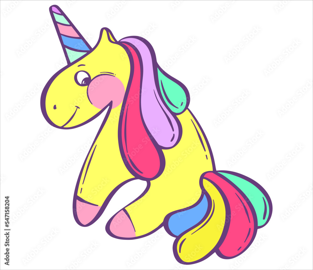 Cute rainbow unicorn is sitting. Fairy tale character. Yellow fantasy pony. Vector illustration in cartoon style. Cute rainbow unicorn is sitting. Fairy tale character. Yellow fantasy pony. Vector illustration in cartoon style.