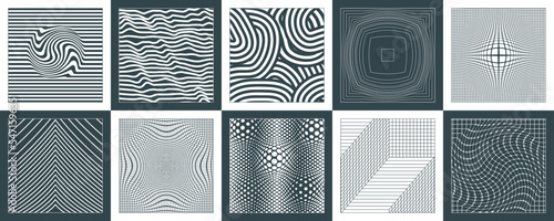 A collection of geometric backgrounds in the brutalism style of simple shapes, lines and swiss bauhaus elements