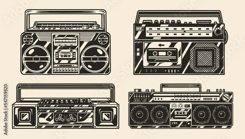 Cassette recorder set vintage monochrome
