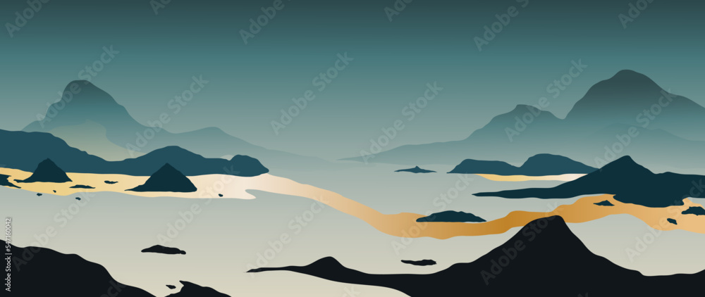 Luxury mountain line art background vector. Oriental watercolor landscape design with mountains, hills, sunset, birds, gold texture. Elegant panorama view wallpaper for wall art, banner, decoration.