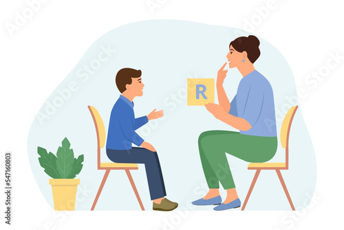 Speech therapy for preschool kid with therapist. Speech disorders in children.Proper articulation therapy for boy. Vector illustration.Isolated vector
