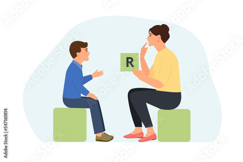 Speech therapist showing letter to little boy with disorder.Speech disorders in children.Proper articulation therapy . Vector illustration.