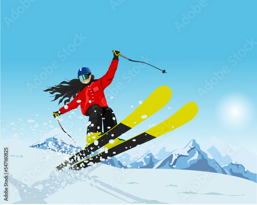 Happy and smiling skier, skiing and jumping in the mountains on skis against the backdrop of mountains. Vector illustration