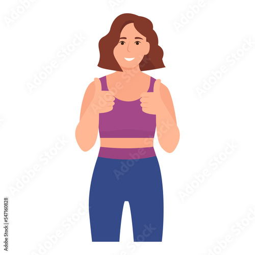 Sport woman showing thumb up gesture. Smiling girl in sportswear. Vector illustration isolated on white background