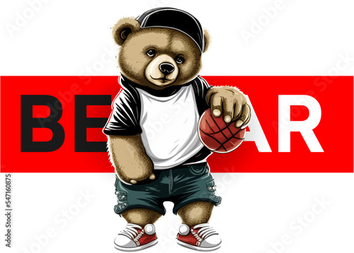 Bear in sportswear plays basketball isolated on a white background. Vector illustration