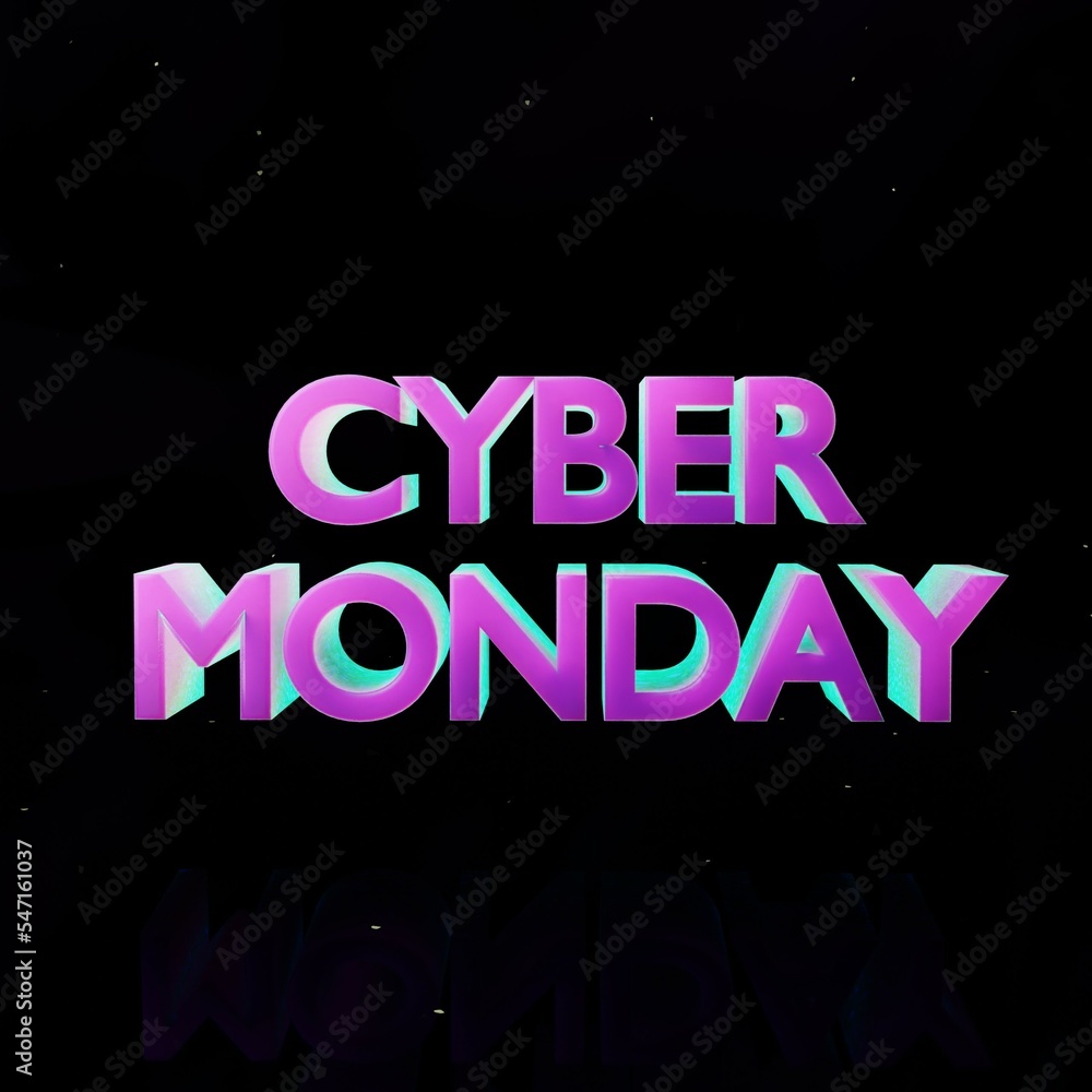 3d rendering. Cyber Monday concept banner in fashionable 3d multicolor style, nightly advertising advertisement of sales rebates of cyber Monday. Dark background. Purple, blue and yellow 3d text. 